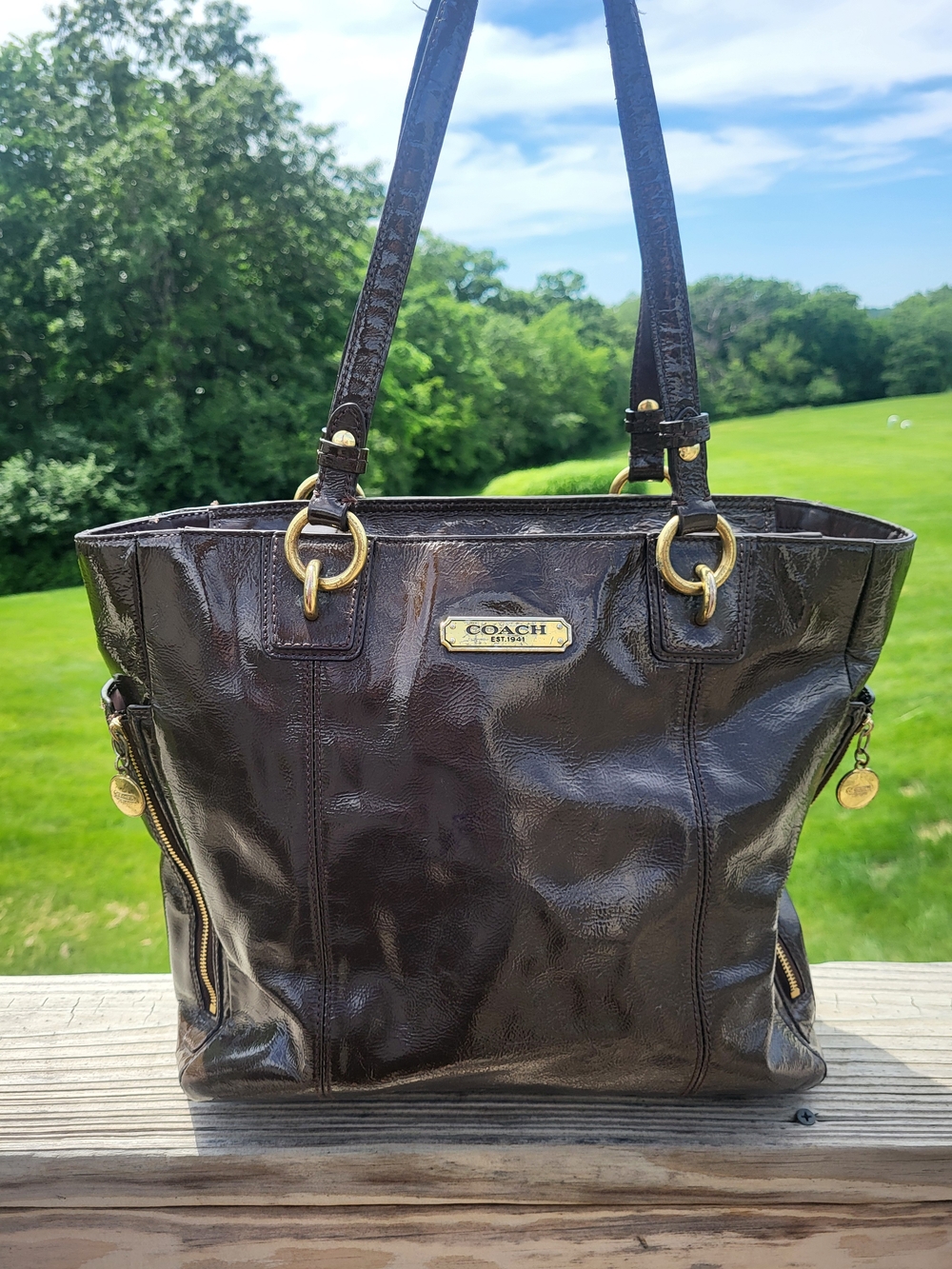 Coach Brown Patent Leather Gallery Tote Bag with Gold Hardware Rehab